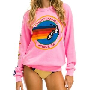 Aviator Nation Pink Rainbow Crew Neck Sweater